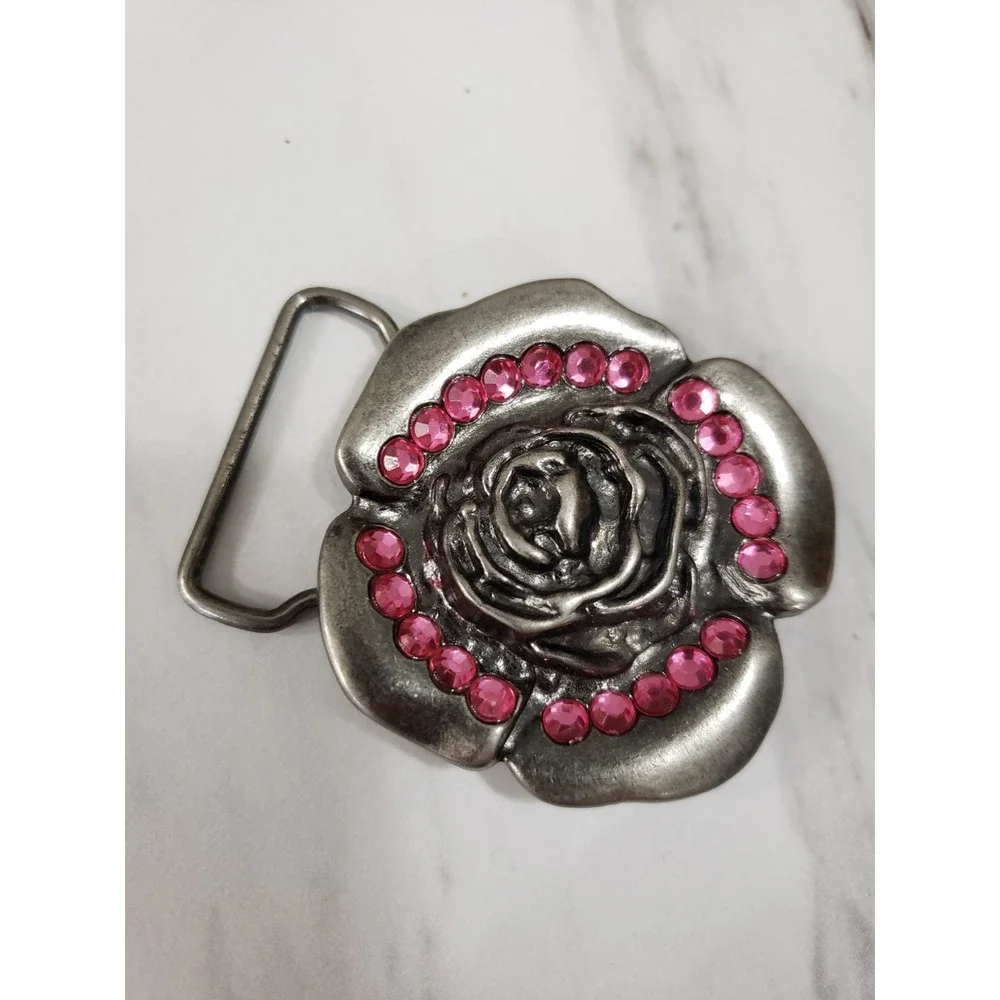 Women's Belt Buckle Vintage Pink Rhinestone Jeweled Rose Flower Y2k 90s biker